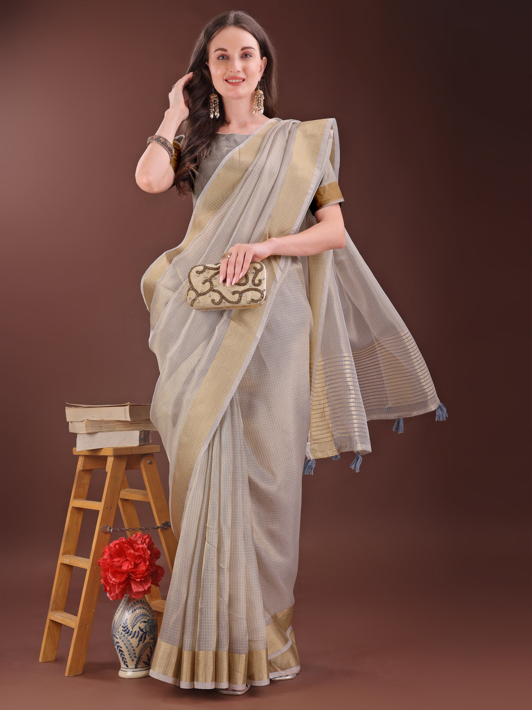 Brown Colour Organza Saree Weaving Work With Blouse Piece