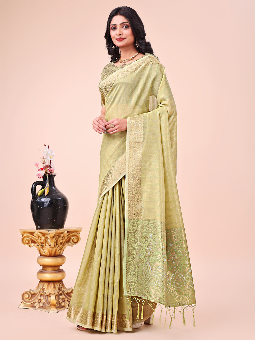 Olive Green Colour Organza Saree Weaving work With Blouse Piece