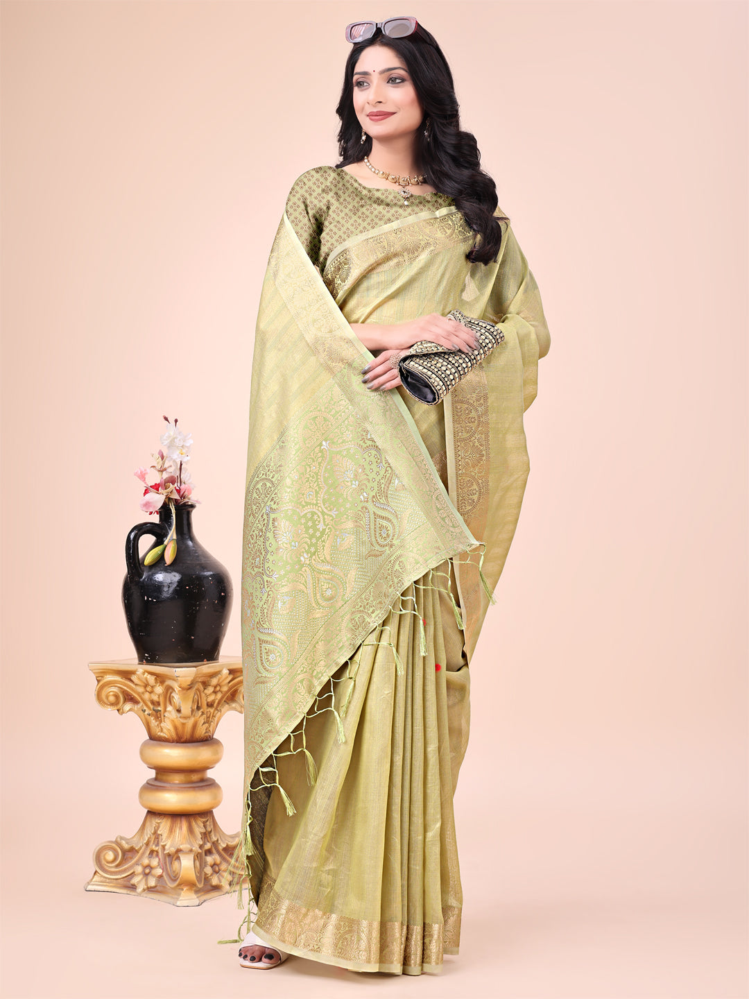 Olive Green Colour Organza Saree Weaving work With Blouse Piece
