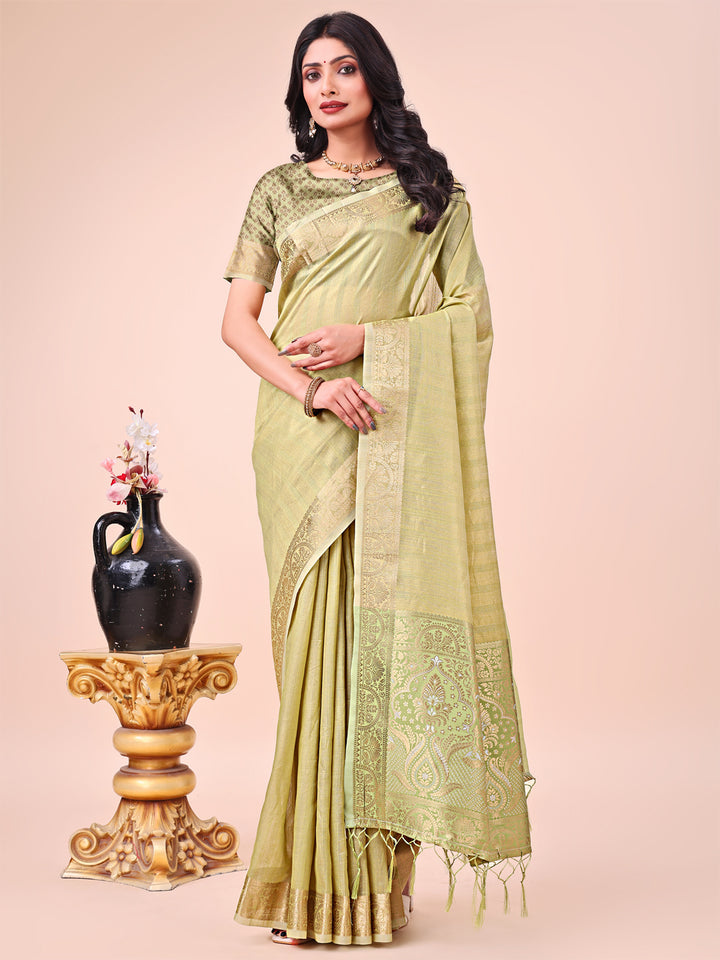 Olive Green Colour Organza Saree Weaving work With Blouse Piece