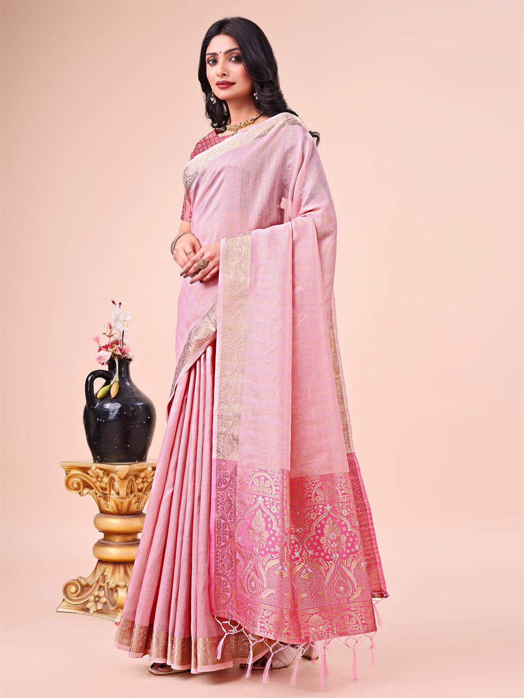 Pink Colour Organza Saree Weaving work With Blouse Piece
