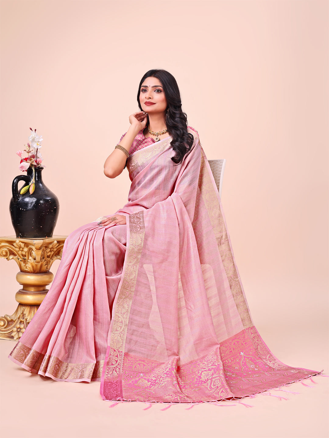 Pink Colour Organza Saree Weaving work With Blouse Piece