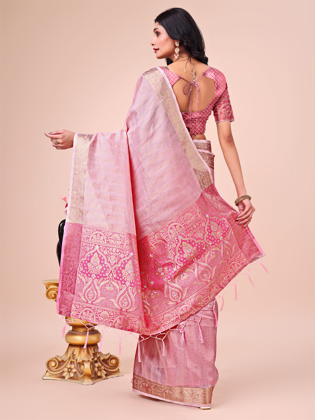Pink Colour Organza Saree Weaving work With Blouse Piece