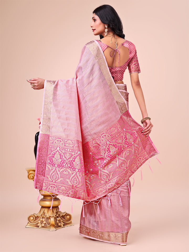 Pink Colour Organza Saree Weaving work With Blouse Piece
