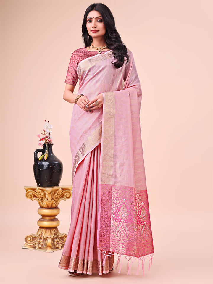 Pink Colour Organza Saree Weaving work With Blouse Piece