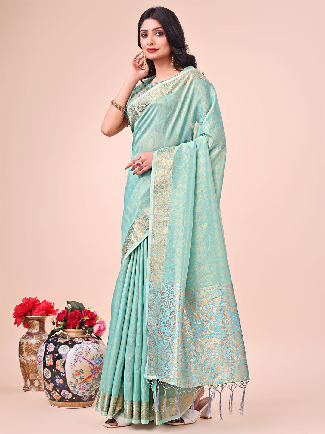 Teal Colour Organza Saree Weaving work With Blouse Piece