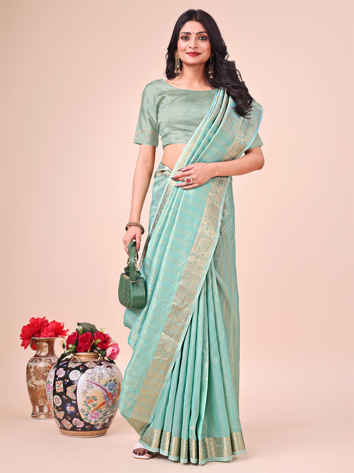 Teal Colour Organza Saree Weaving work With Blouse Piece