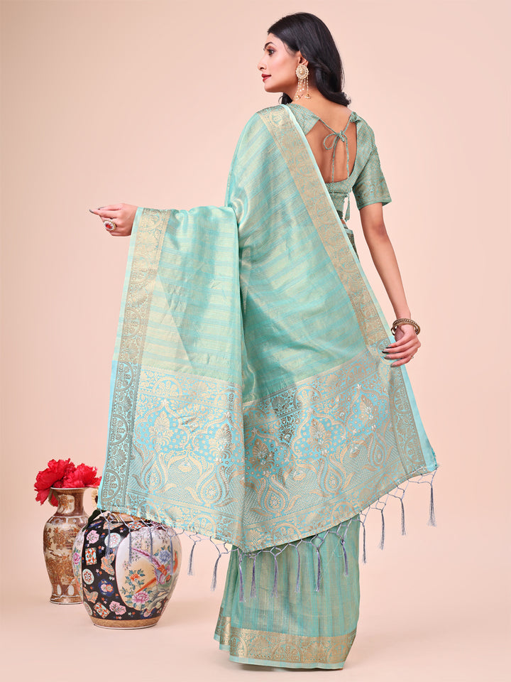 Teal Colour Organza Saree Weaving work With Blouse Piece