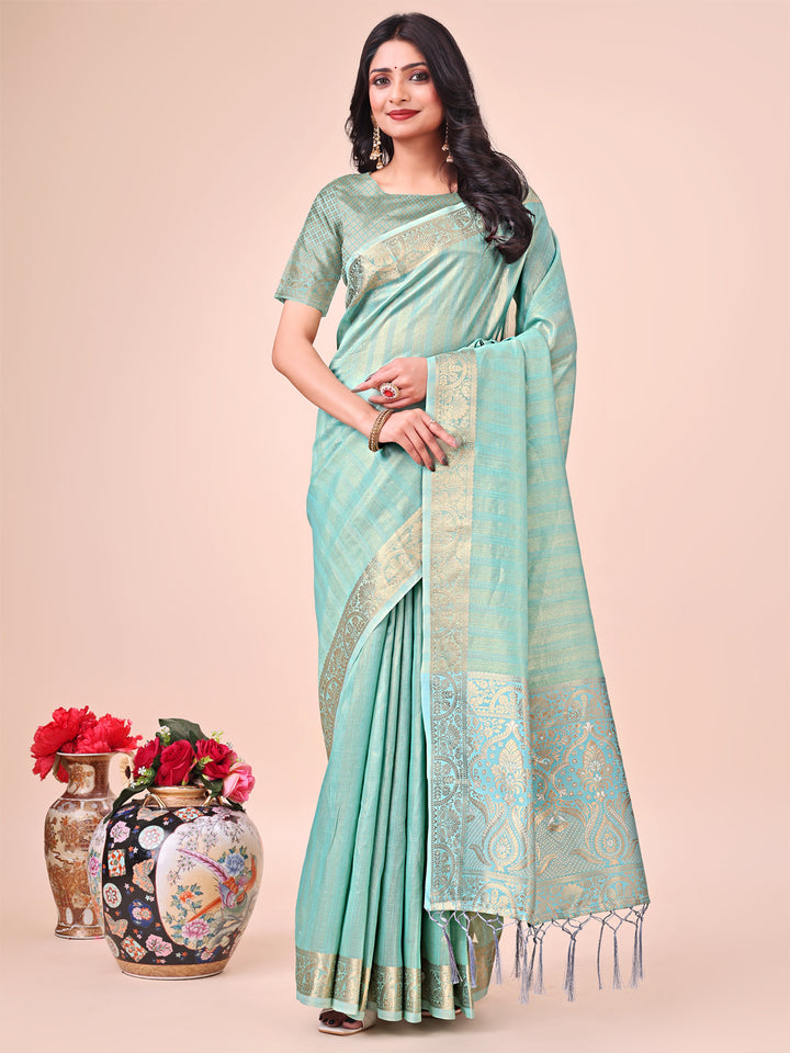 Teal Colour Organza Saree Weaving work With Blouse Piece