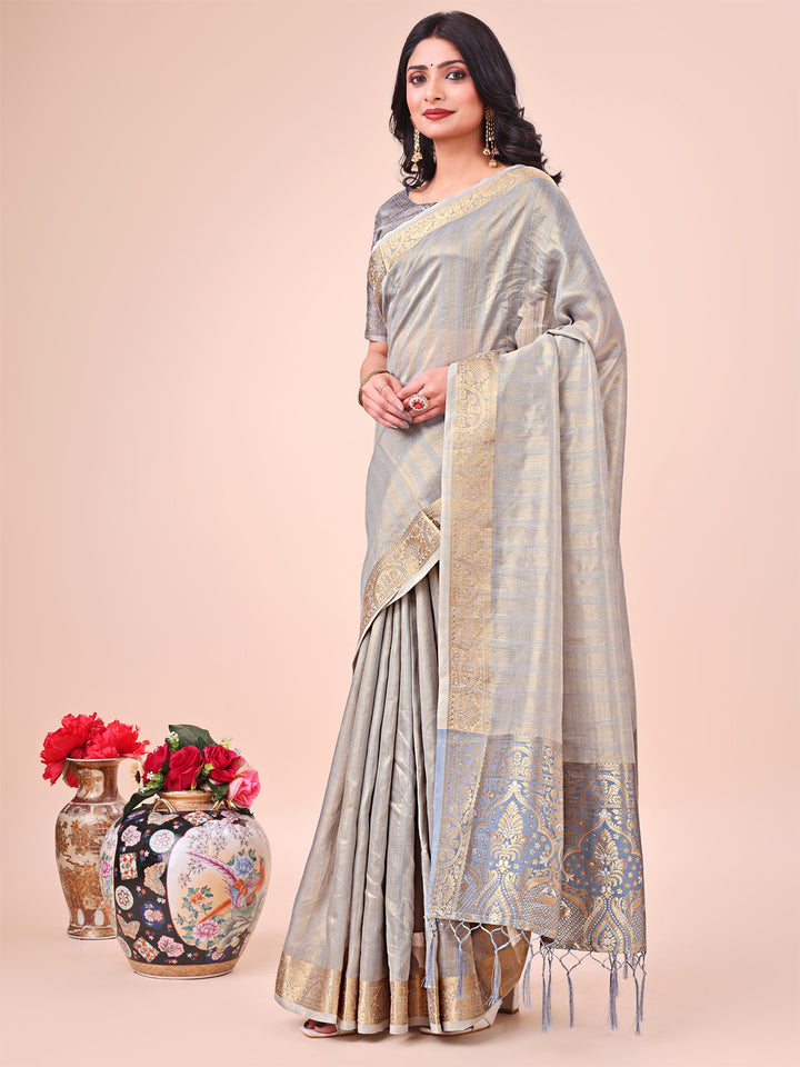 Gray Colour Organza Saree Weaving work With Blouse Piece