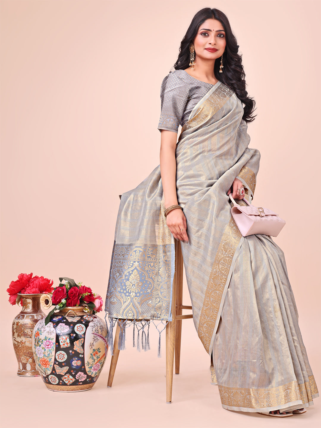 Gray Colour Organza Saree Weaving work With Blouse Piece