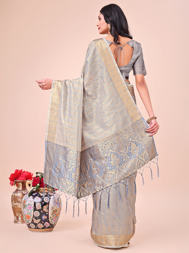 Gray Colour Organza Saree Weaving work With Blouse Piece
