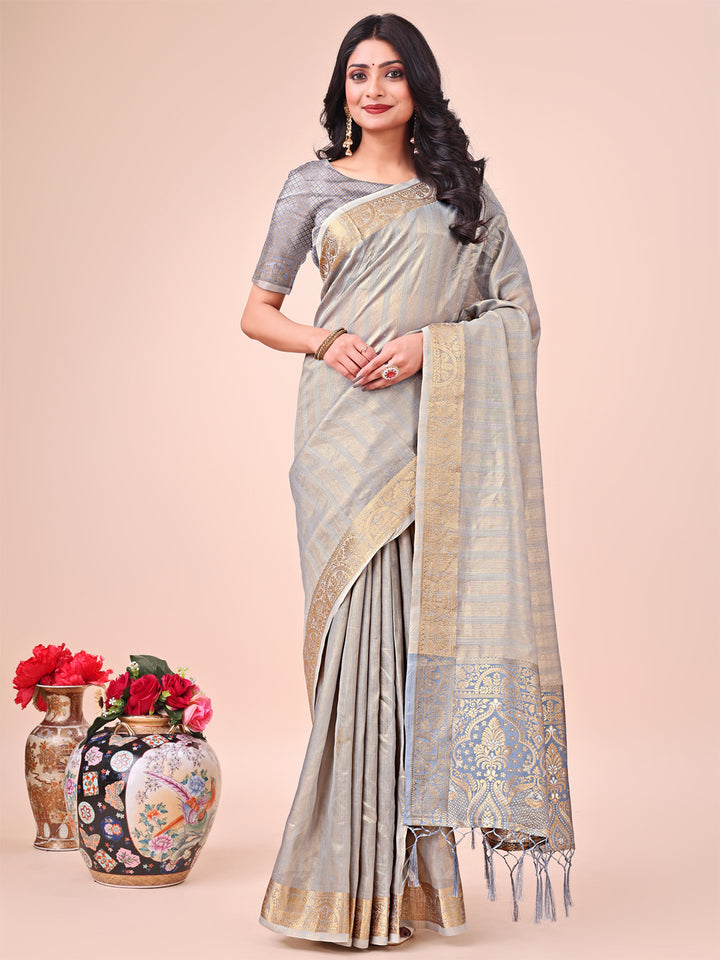 Gray Colour Organza Saree Weaving work With Blouse Piece