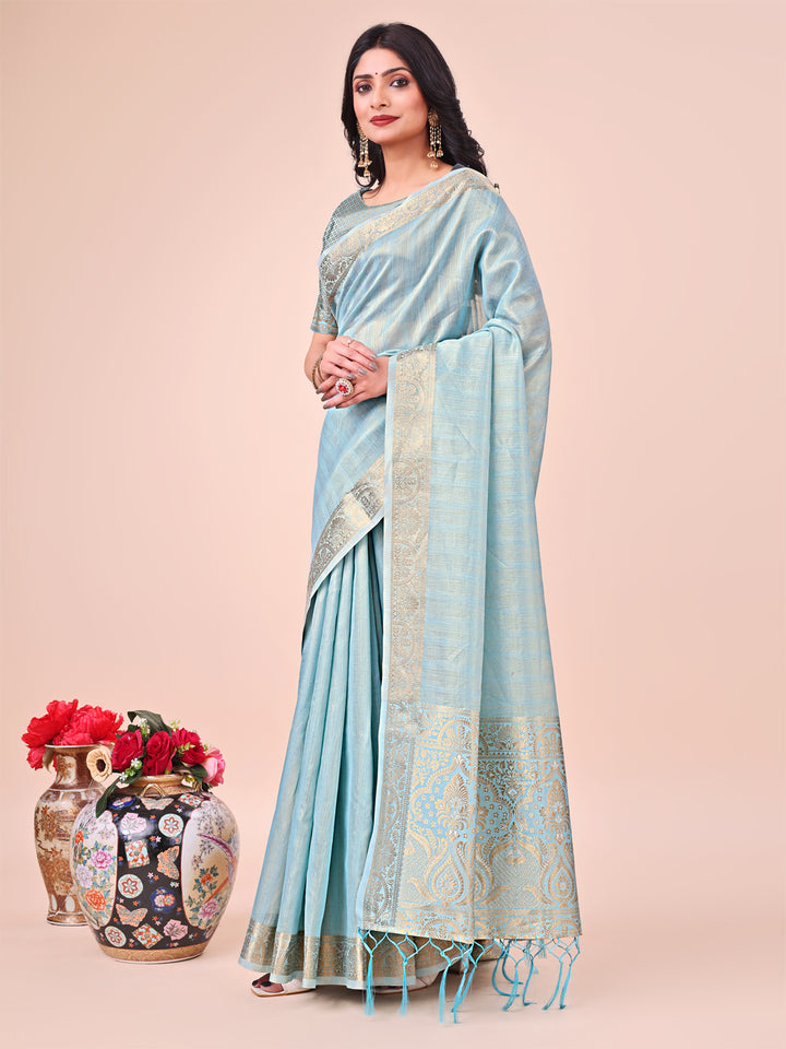 Sky Blue Colour Organza Saree Weaving work With Blouse Piece