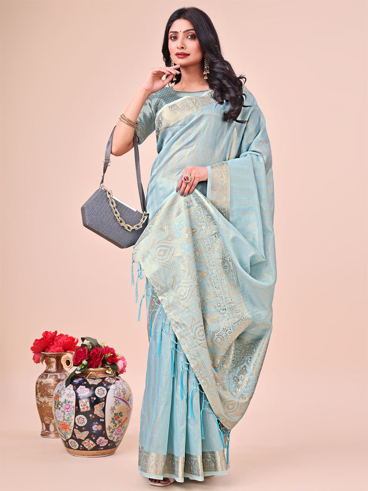 Sky Blue Colour Organza Saree Weaving work With Blouse Piece