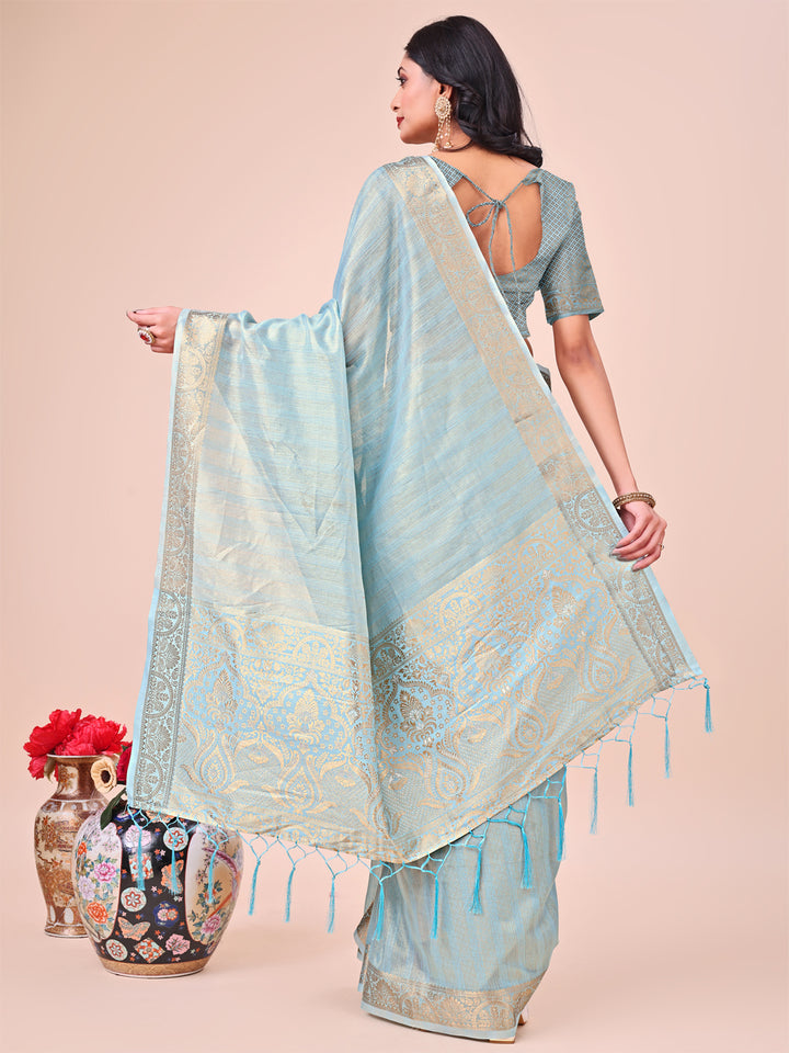 Sky Blue Colour Organza Saree Weaving work With Blouse Piece
