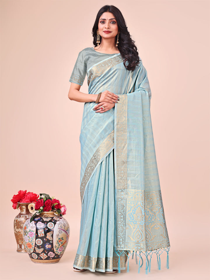 Sky Blue Colour Organza Saree Weaving work With Blouse Piece