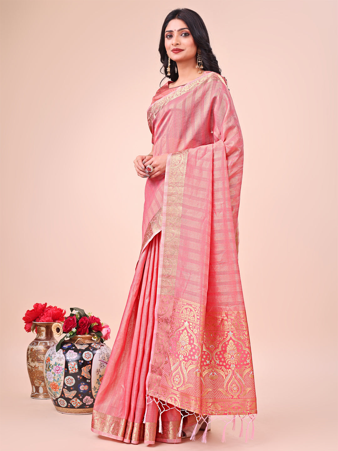 Peach Colour Organza Saree Weaving work With Blouse Piece