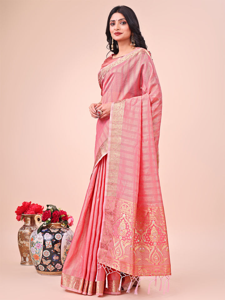 Peach Colour Organza Saree Weaving work With Blouse Piece