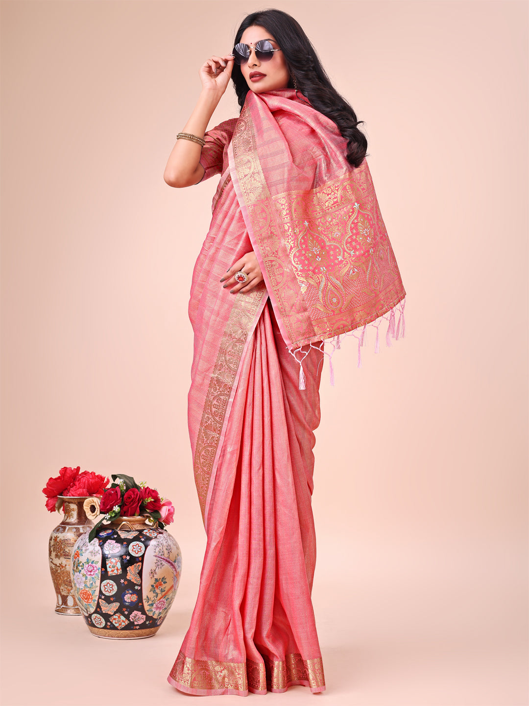 Peach Colour Organza Saree Weaving work With Blouse Piece