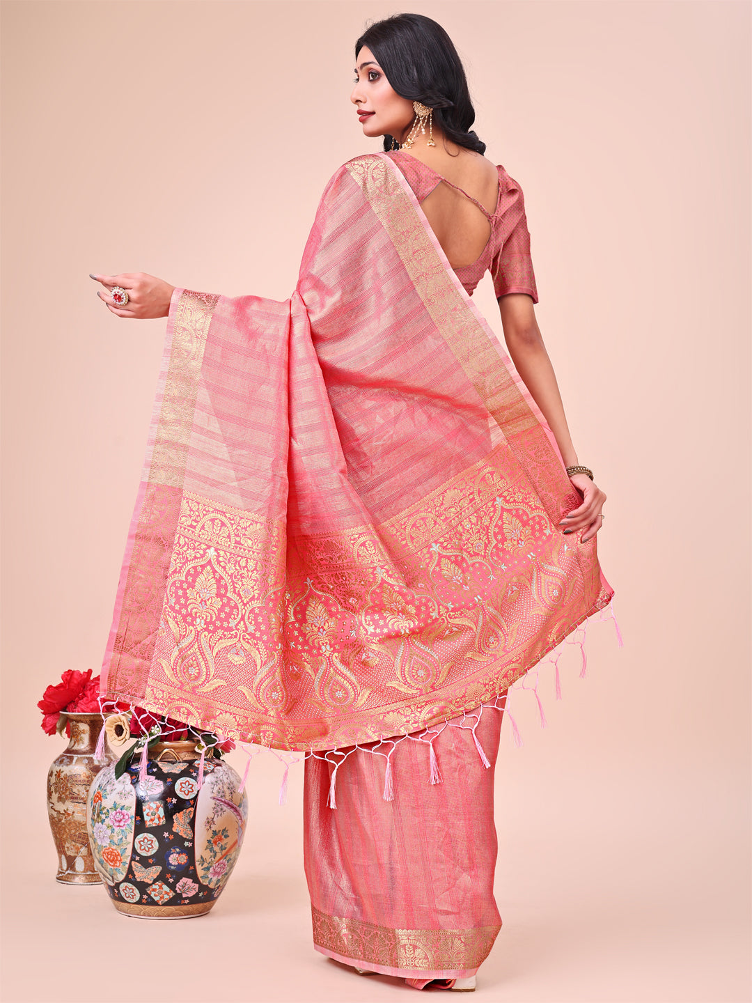 Peach Colour Organza Saree Weaving work With Blouse Piece