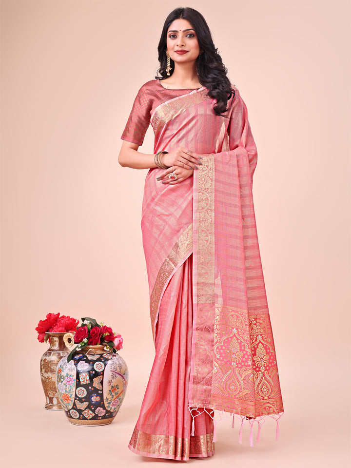 Peach Colour Organza Saree Weaving work With Blouse Piece