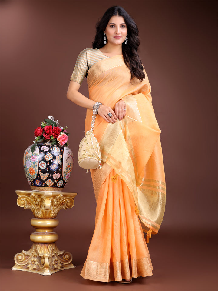 Orange Colour Cotton Saree Printed Work With Blouse Piece