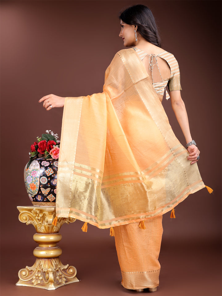 Orange Colour Cotton Saree Printed Work With Blouse Piece