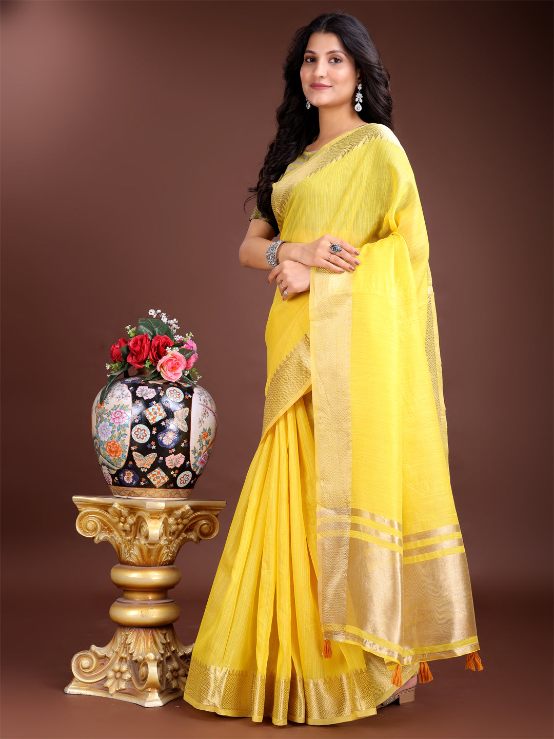 Yellow Colour Cotton Saree Printed Work With Blouse Piece