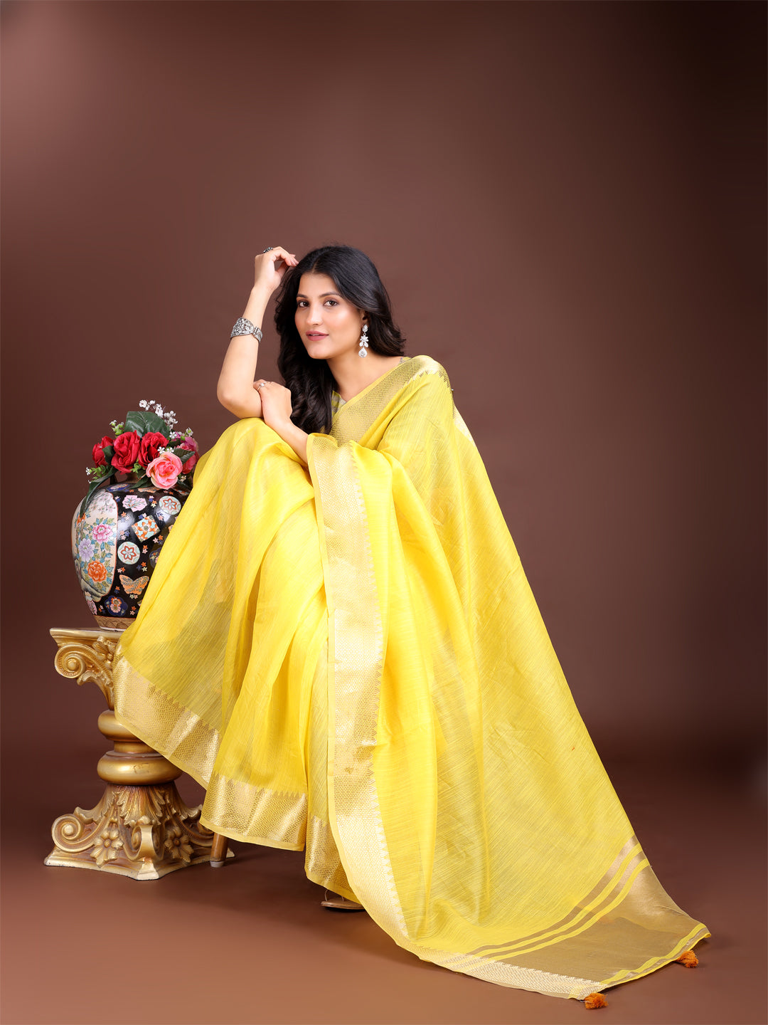 Yellow Colour Cotton Saree Printed Work With Blouse Piece