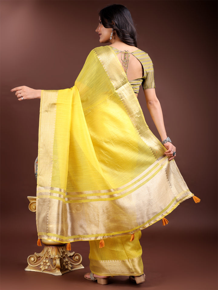 Yellow Colour Cotton Saree Printed Work With Blouse Piece