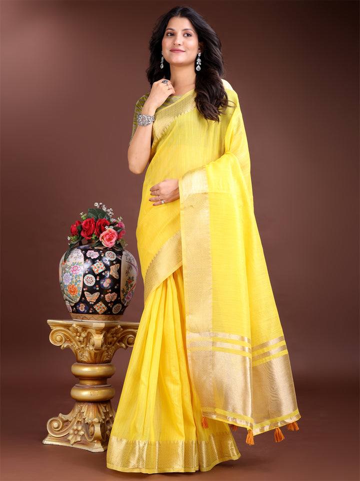 Yellow Colour Cotton Saree Printed Work With Blouse Piece