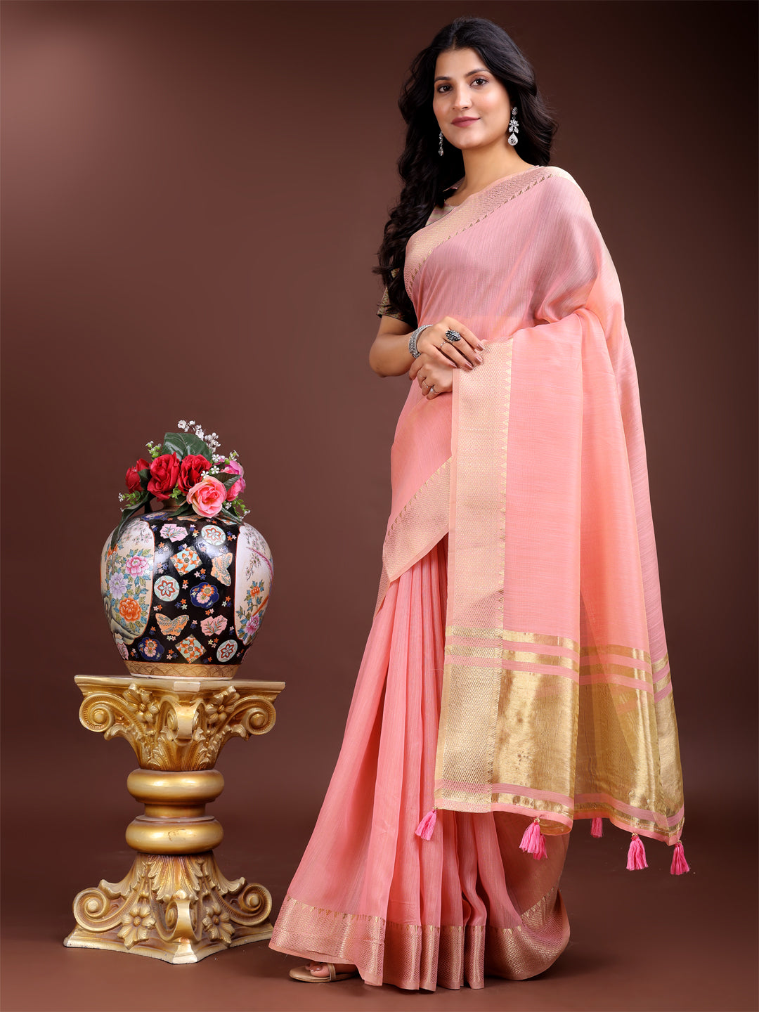 Pink Colour Cotton Saree Printed Work With Blouse Piece