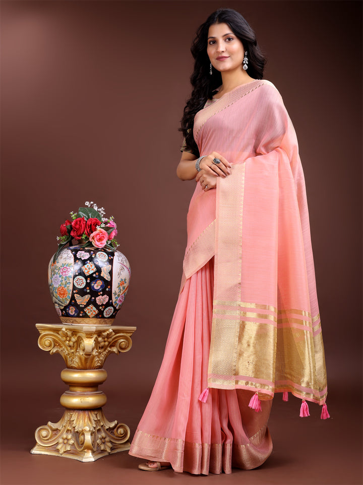 Pink Colour Cotton Saree Printed Work With Blouse Piece