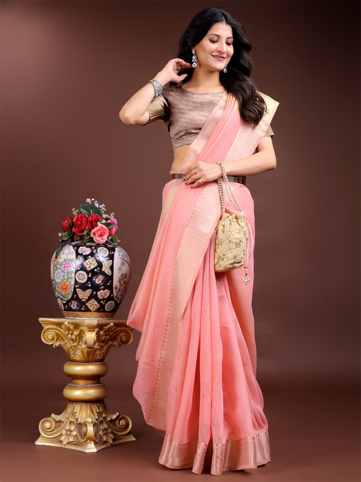 Pink Colour Cotton Saree Printed Work With Blouse Piece