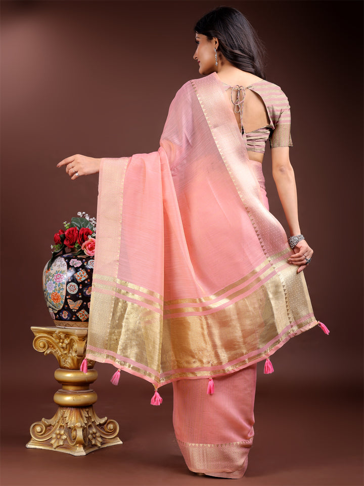 Pink Colour Cotton Saree Printed Work With Blouse Piece