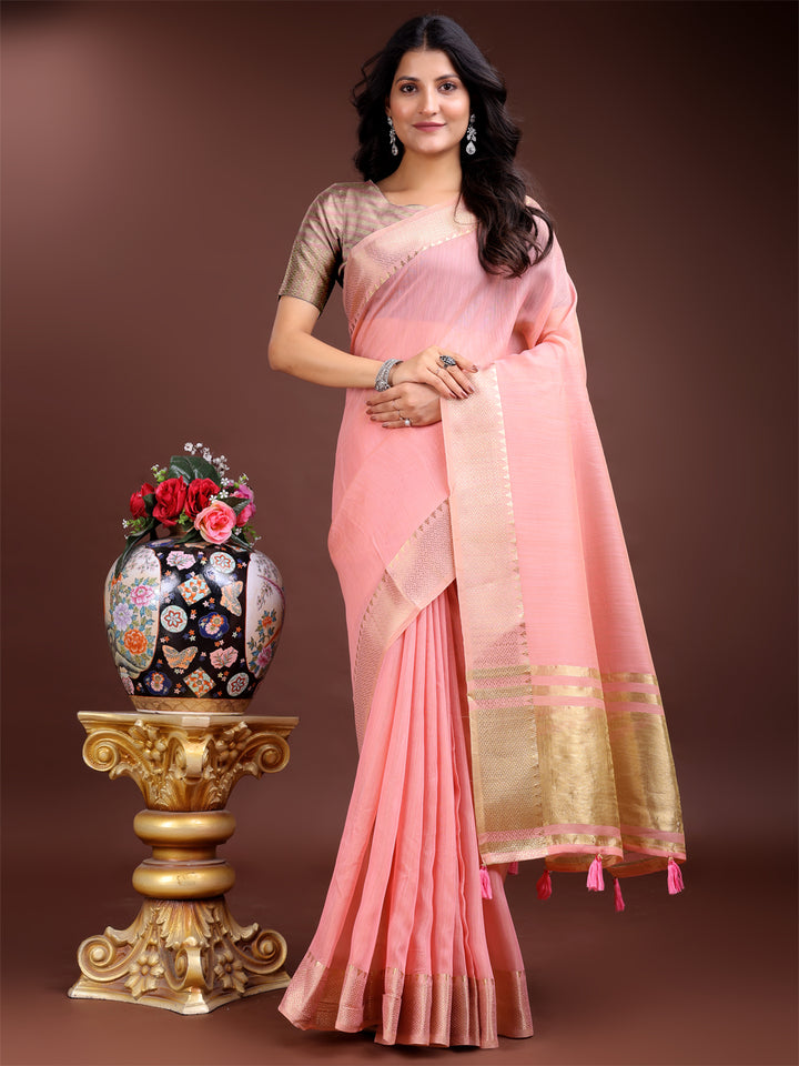 Pink Colour Cotton Saree Printed Work With Blouse Piece