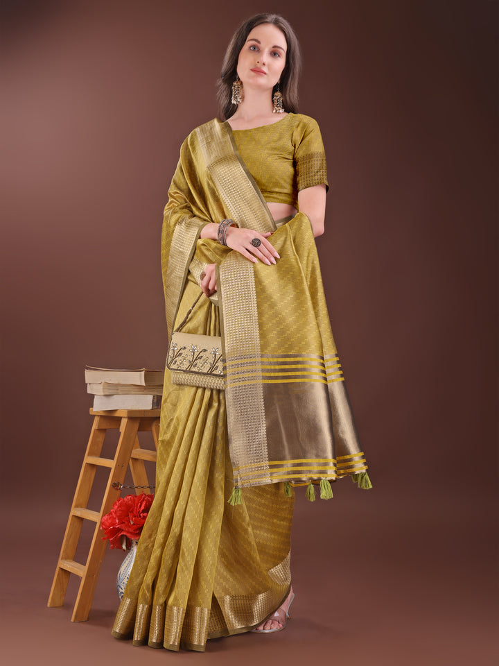 Mustard Colour Organza Saree Weaving Work With Blouse Piece