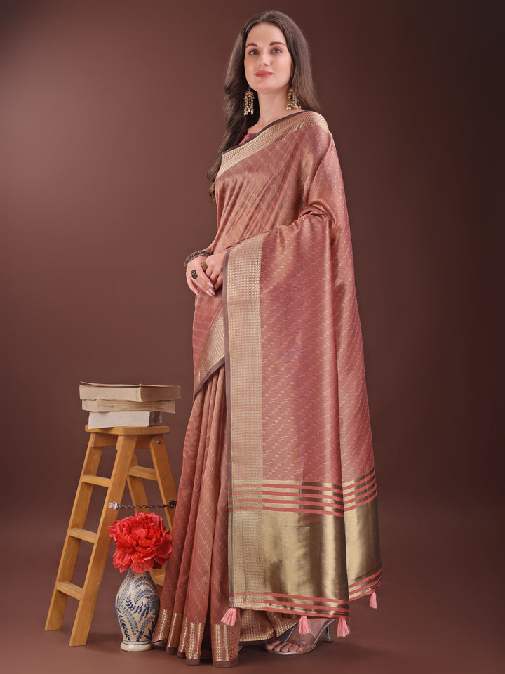 Peach Colour Organza Saree Weaving Work With Blouse Piece