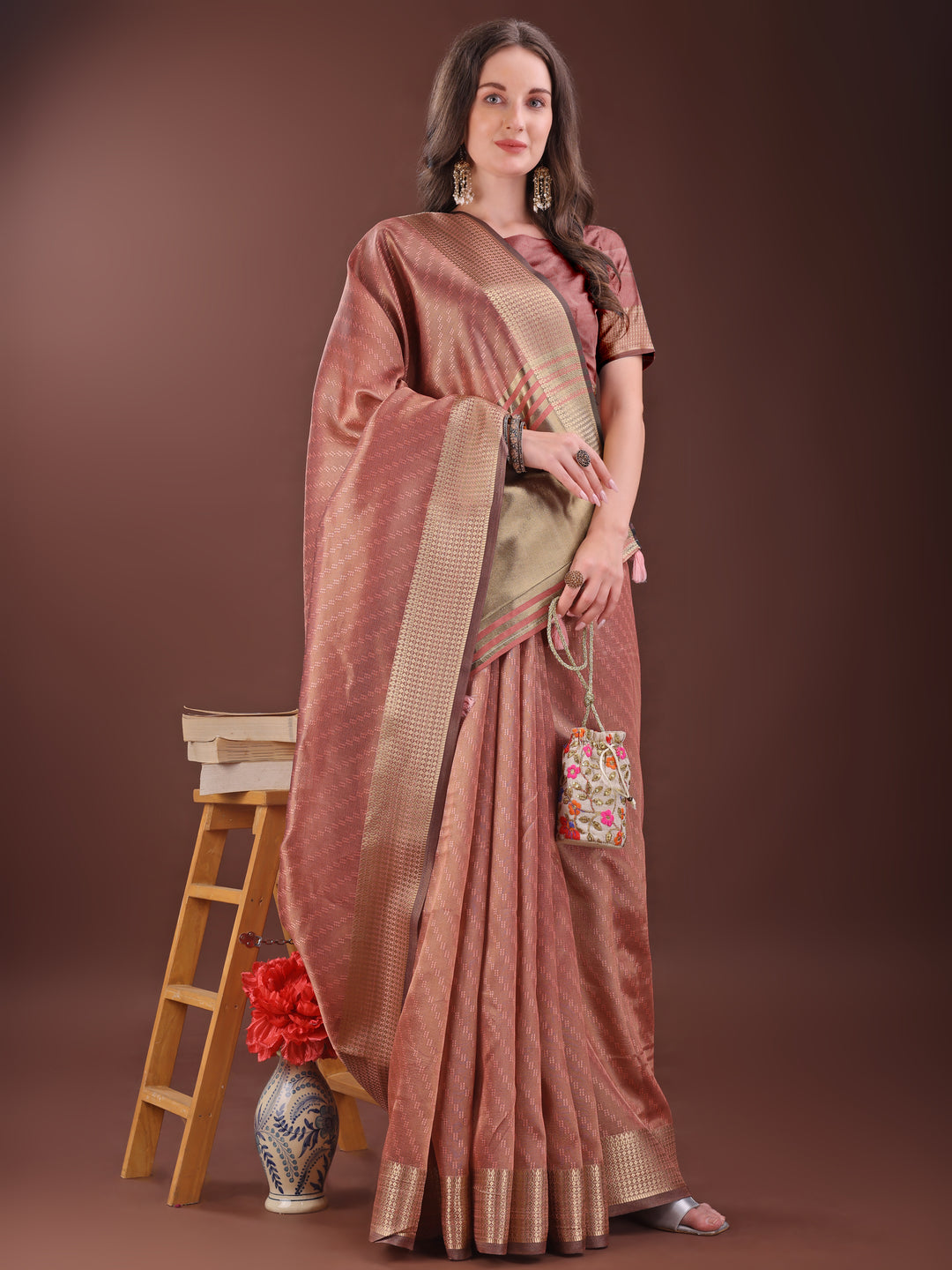 Peach Colour Organza Saree Weaving Work With Blouse Piece