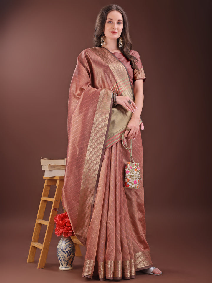 Peach Colour Organza Saree Weaving Work With Blouse Piece