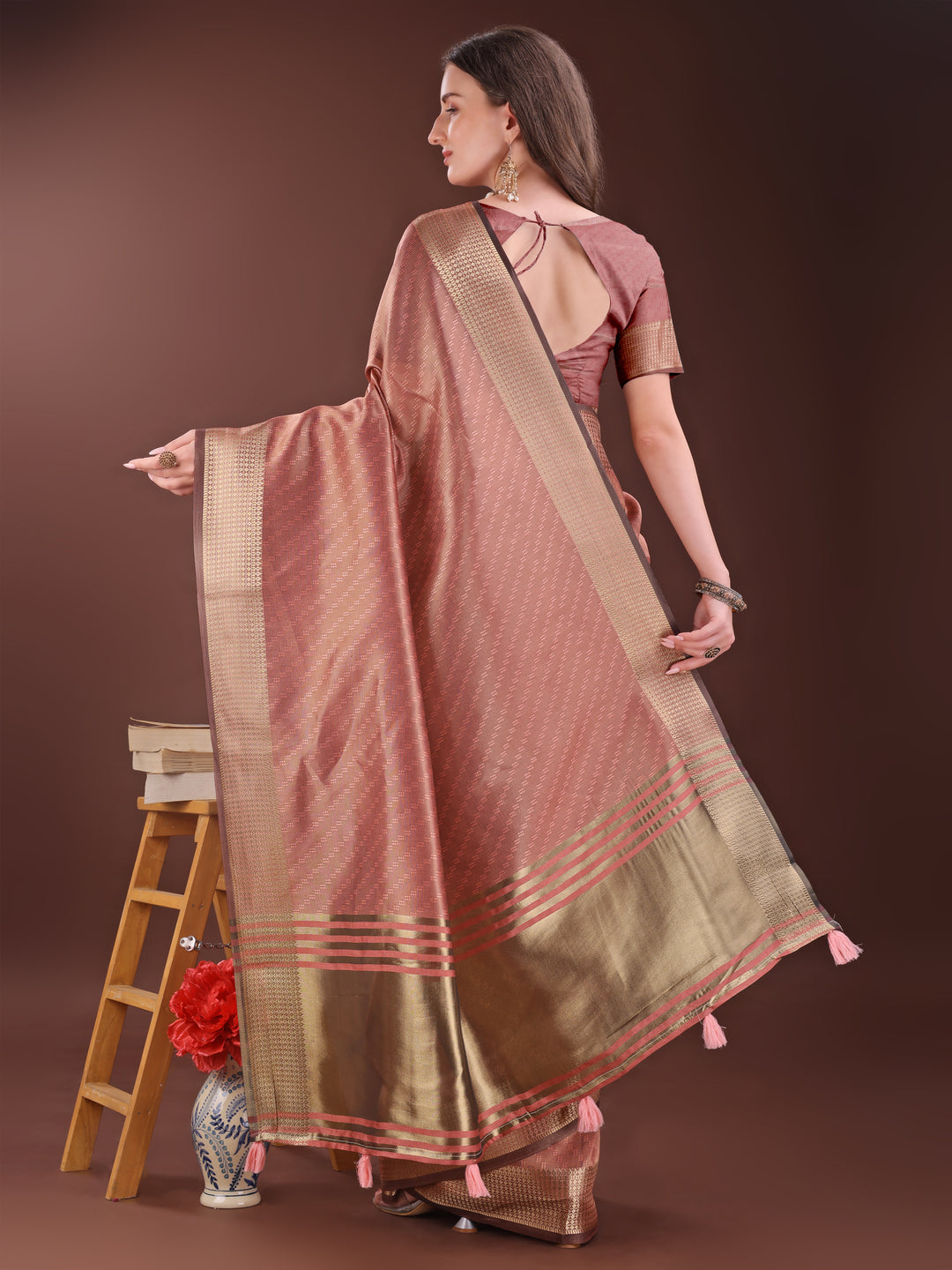 Peach Colour Organza Saree Weaving Work With Blouse Piece