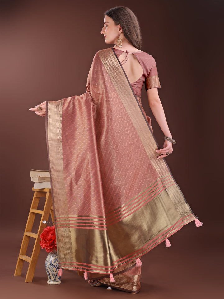 Peach Colour Organza Saree Weaving Work With Blouse Piece