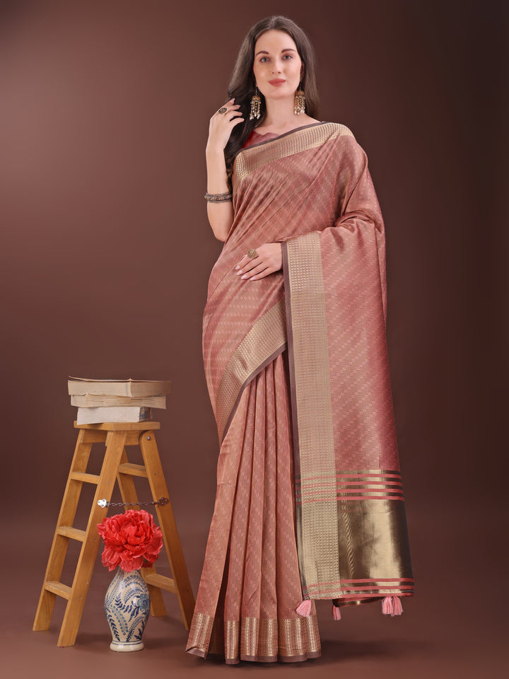 Peach Colour Organza Saree Weaving Work With Blouse Piece