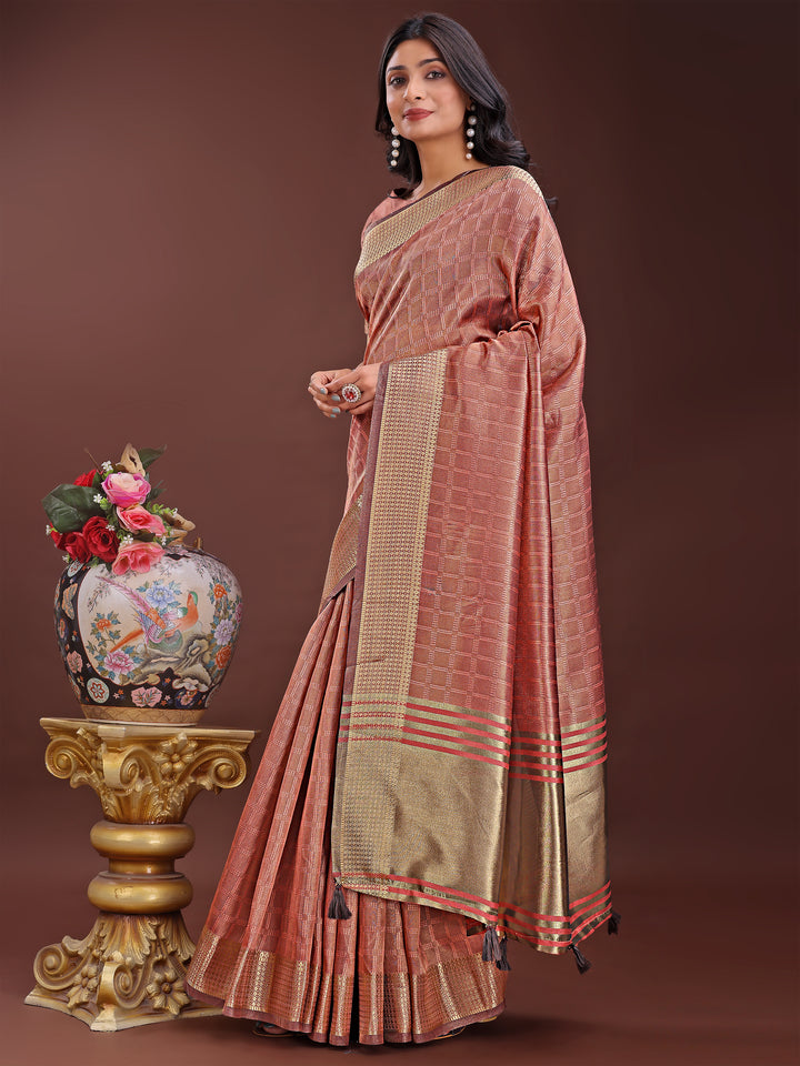 Peach Colour Organza Saree Weaving Work With Blouse Piece