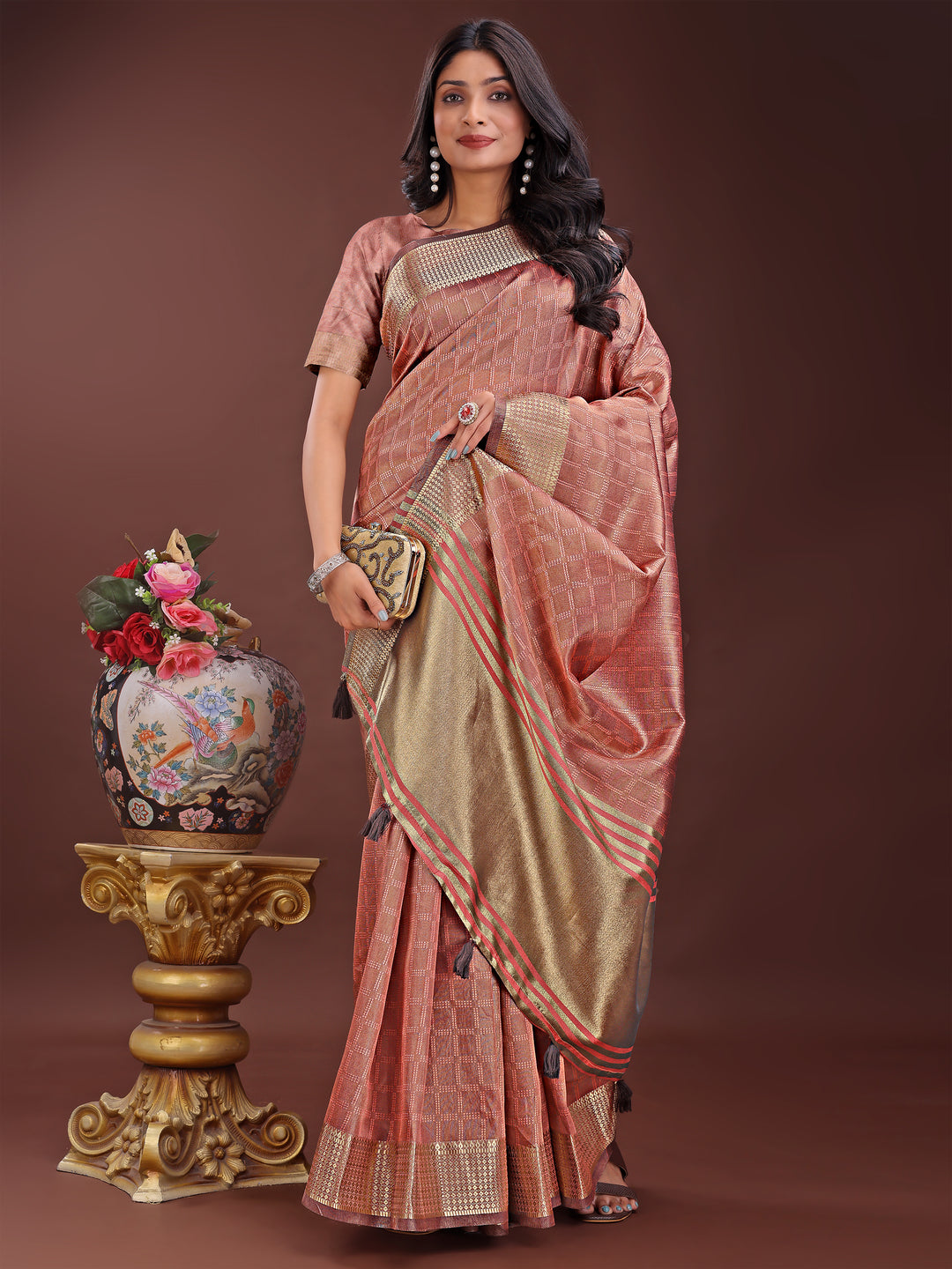 Peach Colour Organza Saree Weaving Work With Blouse Piece