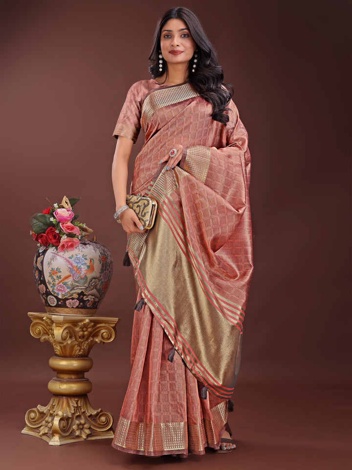 Peach Colour Organza Saree Weaving Work With Blouse Piece
