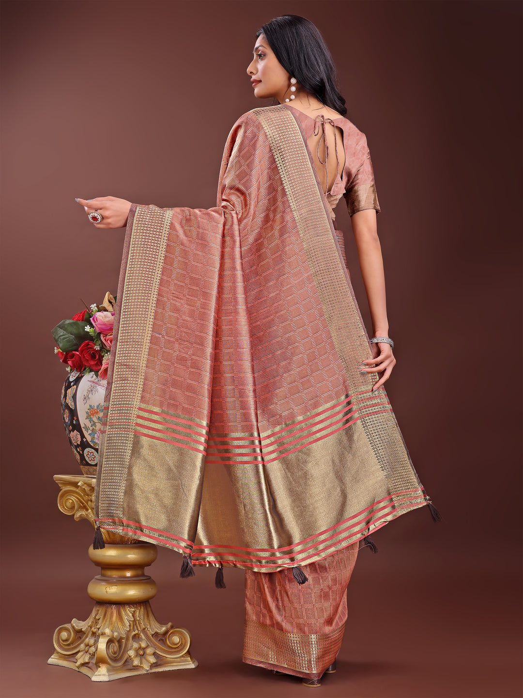 Peach Colour Organza Saree Weaving Work With Blouse Piece