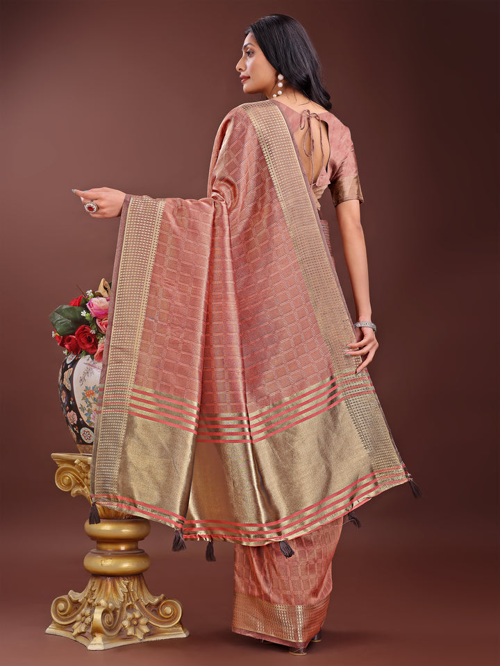 Peach Colour Organza Saree Weaving Work With Blouse Piece