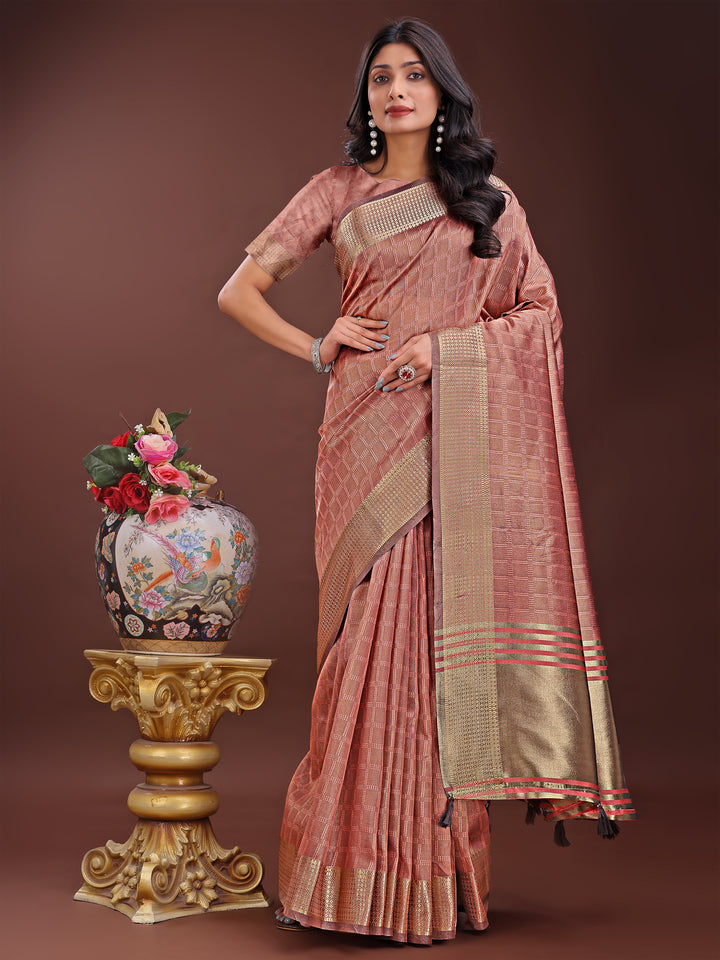 Peach Colour Organza Saree Weaving Work With Blouse Piece